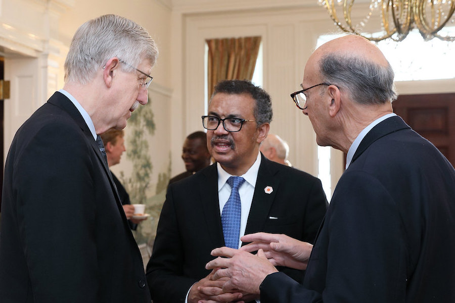 Dr. Francis Collins visits with Dr. Tedros Adhanom Ghebreyesus and Dr. Roger Glass.