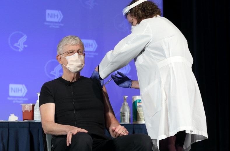 Dr. Francis Collins receives his first dose of the Moderna COVID-19 vaccine