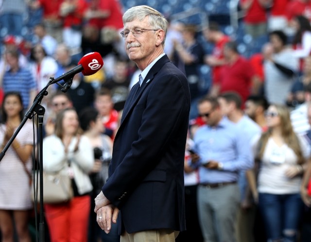 Dr. Francis Collins sings the National Anthem at the Nationals Park